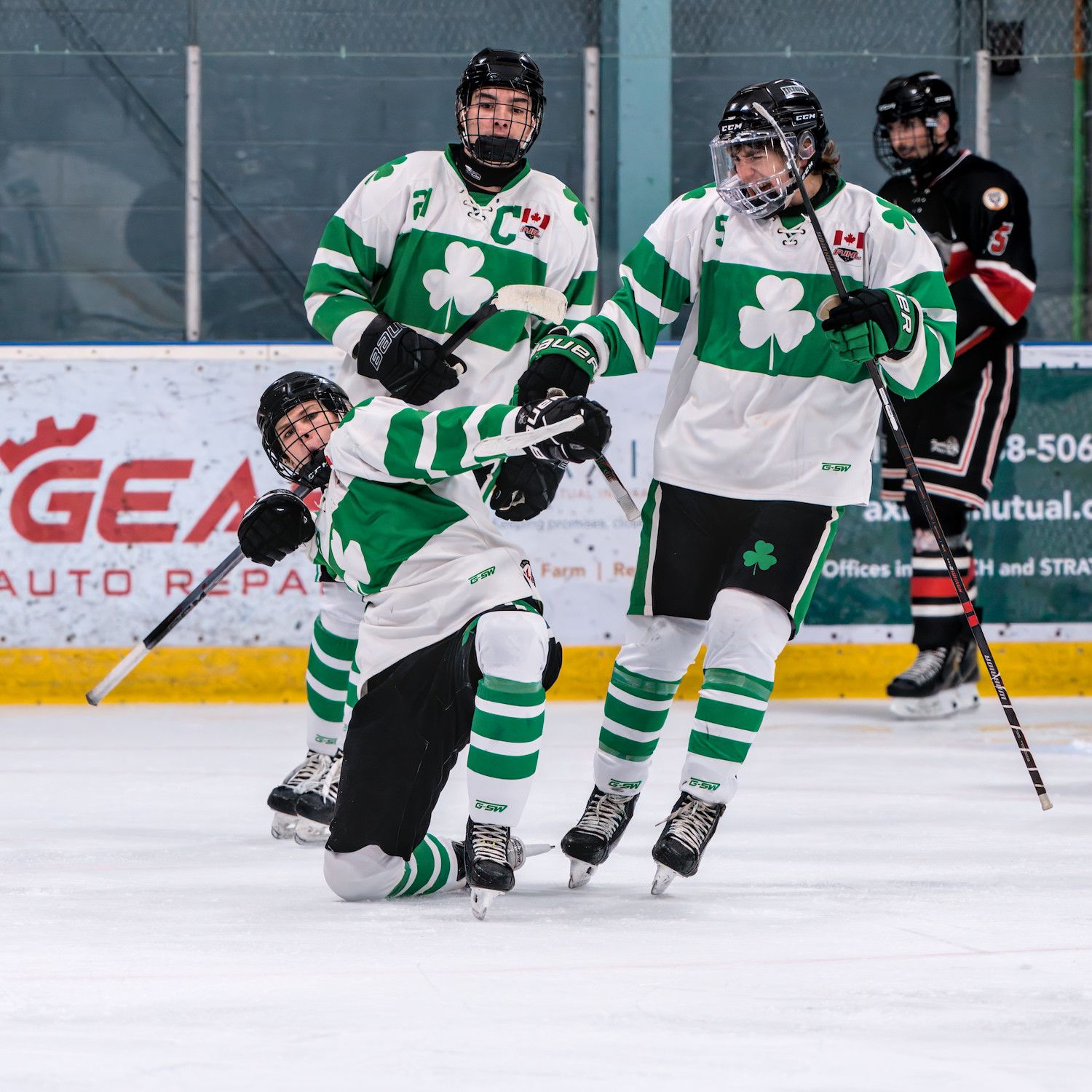 Three teammates in white shamrock jerseys converge on the scorer, one down on a knee, gloves and fists meeting.